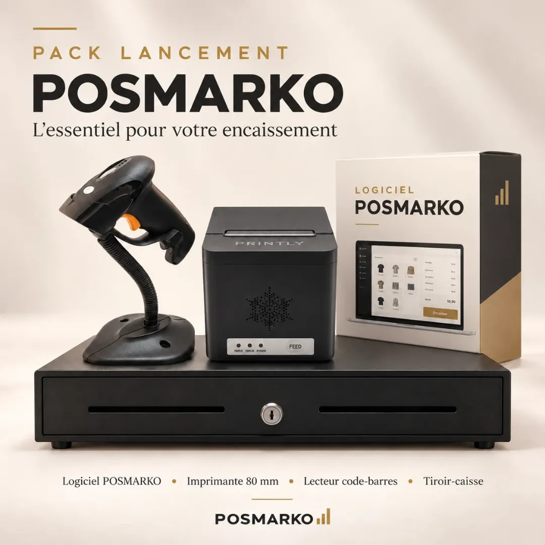 Pack Lancement POSMARKO – Logiciel + Imprimante 80 mm + Lecteur Code-Barres + Tiroir-Caisse