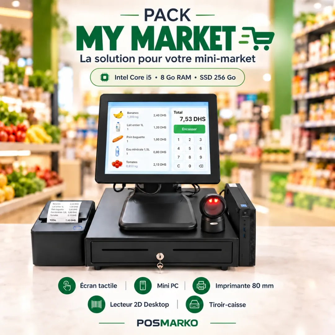 Pack My Market – Caisse Tactile i5 8/256 + Imprimante + Lecteur 2D